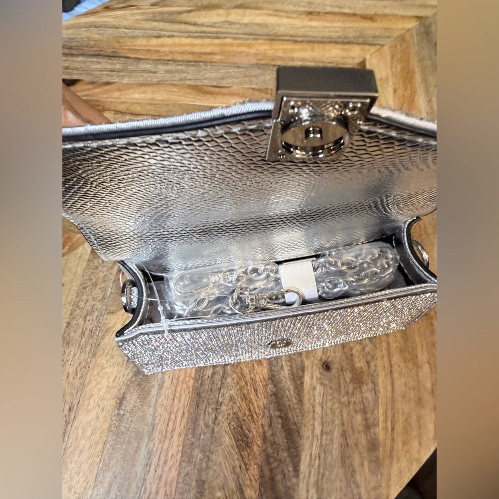 NWT Aldo Crystal Mini Top-Handle Evening Bag Silver 7” L x 4.5” H crossbody - Picture 3 of 6